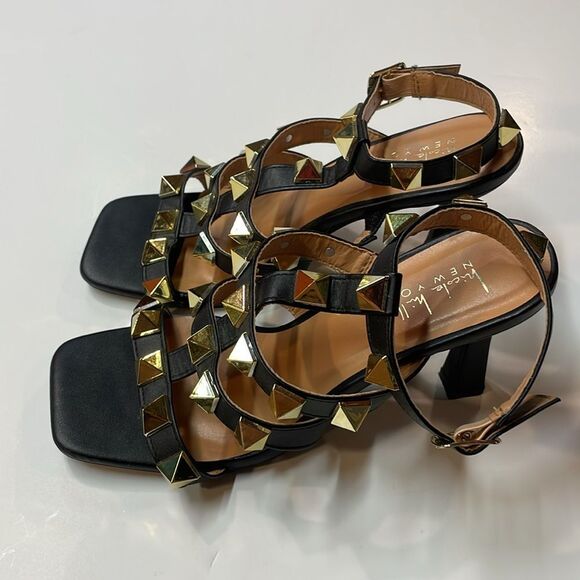 Nicole Miller New York Black Studded Strappy Block Heel Sandals Women’s Sz 8 - Picture 5 of 10